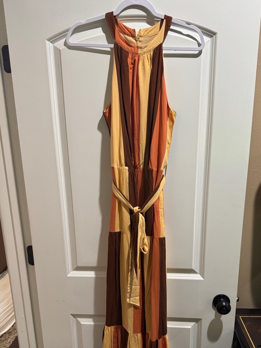 Versona Sleeveless Tiered Maxi Dress in Mustard, Rust, Brown